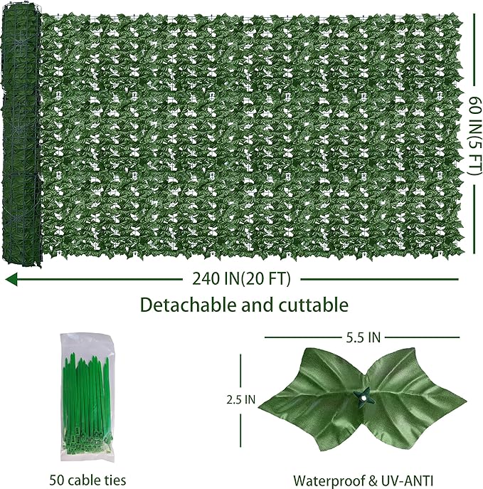ODTORY Artificial Fence Privacy Screen: 5FT x 20FT UV-Anti Faux Greenery Backdrop Ivy Chain Link Shades Panels for Patio, Balcony, Garden,Deck,Backyard Indoor Outdoor Green Wall Decor