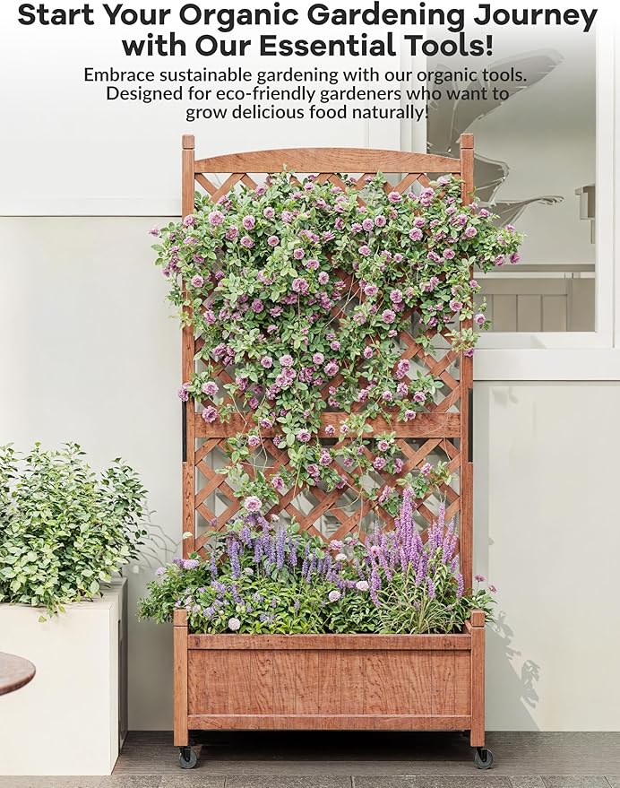 GarveeLife 2-Pack Tall Wood Planter Box with Trellis, 61.5" H Raised Garden Bed on Wheels, Vertical Stand Planter with Drainage Holes for Patio, Balcony & Outdoor Garden
