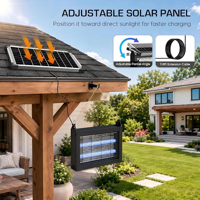 Solar Bug Zapper Outdoor Waterproof, Mosquito Zapper USB-C Rechargeable Solar Bug Zapper Outdoor, 4500V Electric Bug Zapper, Mosquito Trap Fly Zapper Killer for Patio Garden Backyard Camping Garage