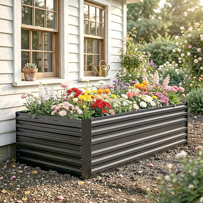 Outsunny Galvanized Raised Garden Bed Kit with Reinforcing Bars, Large and Tall Metal Planter Box for Vegetables, Flowers and Herbs, 6' x 3' x 2', Dark Gray