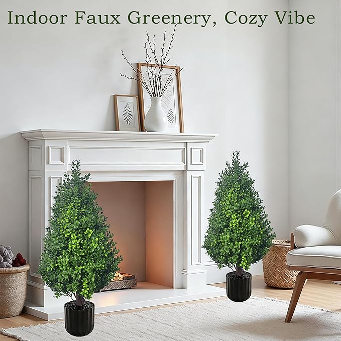 Set of 2 Artificial Potted Plants Boxwood Trees Outdoor Indoor Artificial Topiary Tree with Planter,2.3FT Potted Faux Bushes Evergreen Fake Trees Outside Realistic for Porch Offices Balcony Garden