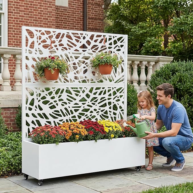 Casaphoria Metal Raised Garden Bed with Trellis and Wheels, 47"x47"x16" Planter Box for Climbing Plants, Vegetables & Vines, Features Drainage Holes and Privacy Screen, White-Net