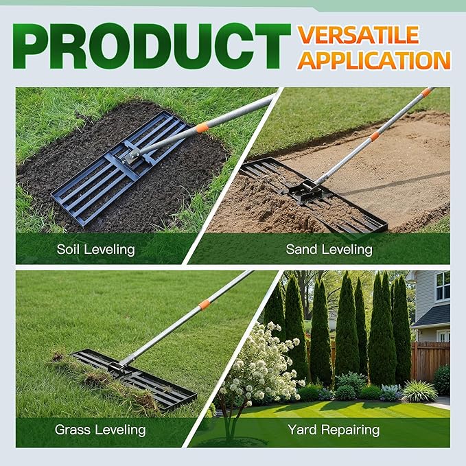 Lawn Leveling Rake 36x10 Inch, 6FT Heavy-Duty Carbon Steel Lawn Leveler – Yard Leveling Rake for Soil, Sand, Grass, Perfect for Lawn Repair, Pit Filling & Garden Maintenance