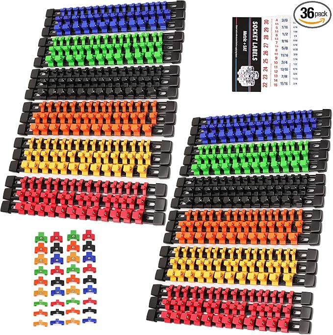 SWANLAKE 36-Piece Socket Organizer, 1/4-Inch x 192 Clips, 3/8-Inch x 180 Clips, 1/2-Inch x 144 Clip, Socket Holder Clip Rail, Drive Sockets Trays for Tool Box Drawer