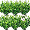 Ouddy Decor 24 Bundles Artificial Greenery Stems Fake Plants Outdoor UV Resistant Faux Plastic Boxwood for Kitchen Office Garden Porch Farmhouse Window Box Home Decor
