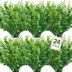 Ouddy Decor 24 Bundles Artificial Greenery Stems Fake Plants Outdoor UV Resistant Faux Plastic Boxwood for Kitchen Office Garden Porch Farmhouse Window Box Home Decor
