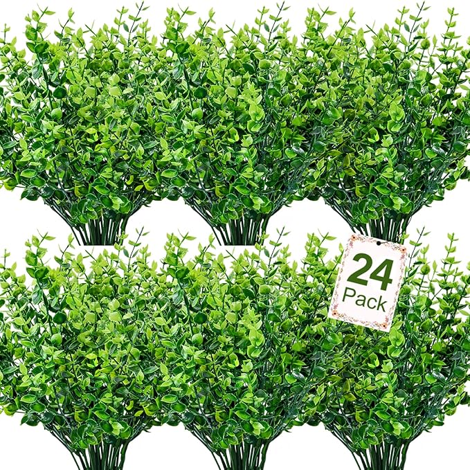 Ouddy Decor 24 Bundles Artificial Greenery Stems Fake Plants Outdoor UV Resistant Faux Plastic Boxwood for Kitchen Office Garden Porch Farmhouse Window Box Home Decor