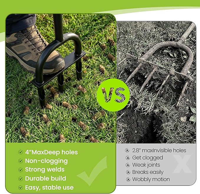 Manual Lawn Core Aerator Tool – Heavy Duty Hand Soil Aerator with 3 Hollow Tines, Pre-Assembled Lawn & Garden Plug Remover for Grass Growth & Soil Improvem