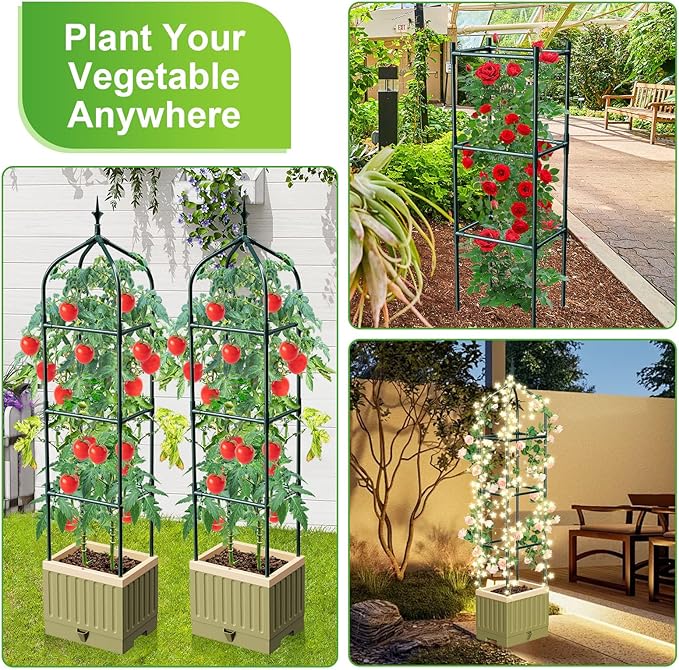 Raised Garden Bed Planter Box with Trellis, 71" Self-Watering Tomato Planter with Trellis for Climbing Vegetable and Plants, Tomato Cage Planters for Indoor Outdoor Patio Greenhouse Gardening (1Pack)