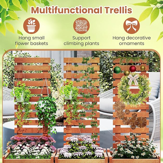 HAPPYGRILL Raised Garden Bed with Trellis, Outdoor Elevated Planter Box w/Trellis, Open-Ended, for Climbing Plant Vine Flower Vegetable, Freestanding Privacy Planters for Patio Yard, 16"x16"x48" (2)