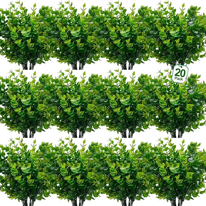 TURNMEON 20 Bundles Artificial Greenery Plants Outdoor Spring Summer Decor, UV Resistant Fake Plants Boxwood Shrubs Grass,Faux Eucalyptus Flowers for Farmhouse Gardens Home Patio Indoor Outdoor(Green)