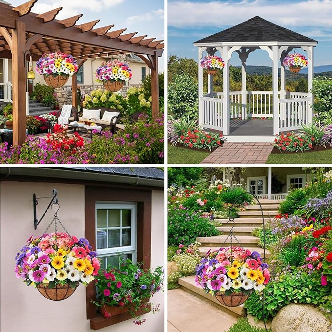 Ouddy Decor Artificial Hanging Flowers with Basket, Fake Silk Hanging Flowers in Coconut Lining Basket Faux Hanging Plants for Outdoor Indoor Spring Garden Porch Patio Balcony Home Decor, Multicolor