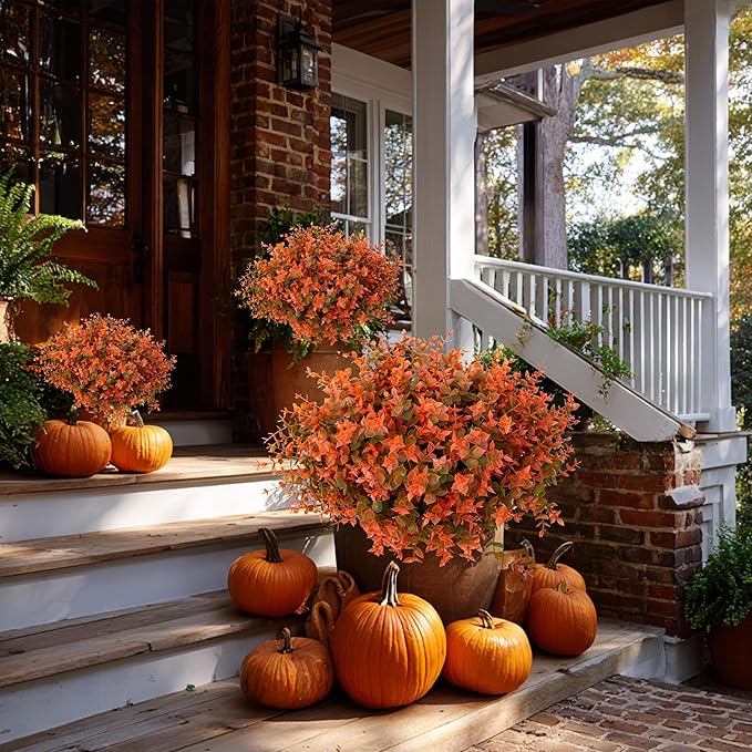 Artificial Fall Flowers Outdoor Fake Mums - 16 Bundles Fake Plants UV Resistant No Fade Faux Plastic Greenery Garden Porch Patio Fall Home Decor (Green Orange)