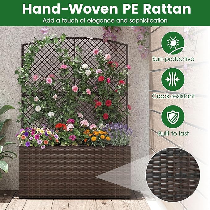 Giantex Raised Garden Bed with Trellis, 58'' Tall PE Rattan Planter Box w/Liner & Drainage, Metal Frame Privacy Screen for Vertical Climbing Plants, Vegetables & Flowers, Patio Balcony Gardening