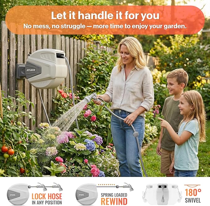 Ayleid Retractable Garden Hose Reel,1/2 in x 100 ft Wall Mounted Hose Reel, with 9- Function Sprayer Nozzle, Any Length Lock/Slow Return System/Wall Mounted/180°Swivel Bracket (Gray)