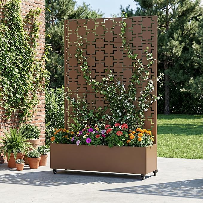 Casaphoria Metal Raised Garden Bed with Trellis and Wheels, 72"x47"x16" Arched Planter Box for Climbing Plants, Vegetables & Vines, Features Drainage Holes and Privacy Screen, Brown-Square