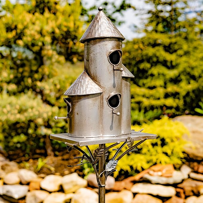 Zaer Ltd. Large Silver Colored Multi-Birdhouse Stakes, Room for 4 Bird Families in Each (Tall Triple Cylinder Homes (Silver Color))