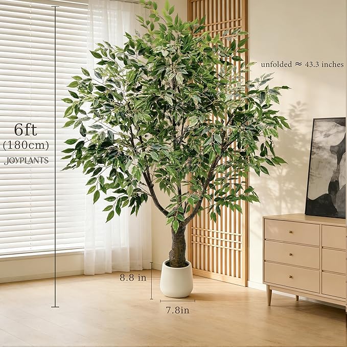 Ficus Tree Artificial 6FT, Artificial Indoor Plants with White Pot Lifelike Branches and Realistic Leaves,Perfect for House Living Room Office Garden Gate Outdoor