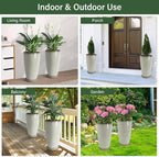 Set of 2 Lightweight Ceramic-Look Tall Planter, 21 inch Large Plastic Planter with Drain Hole & Saucers, Large Outdoor Planters for Porch, Garden, Patio, Balcony(Glaze Beige)
