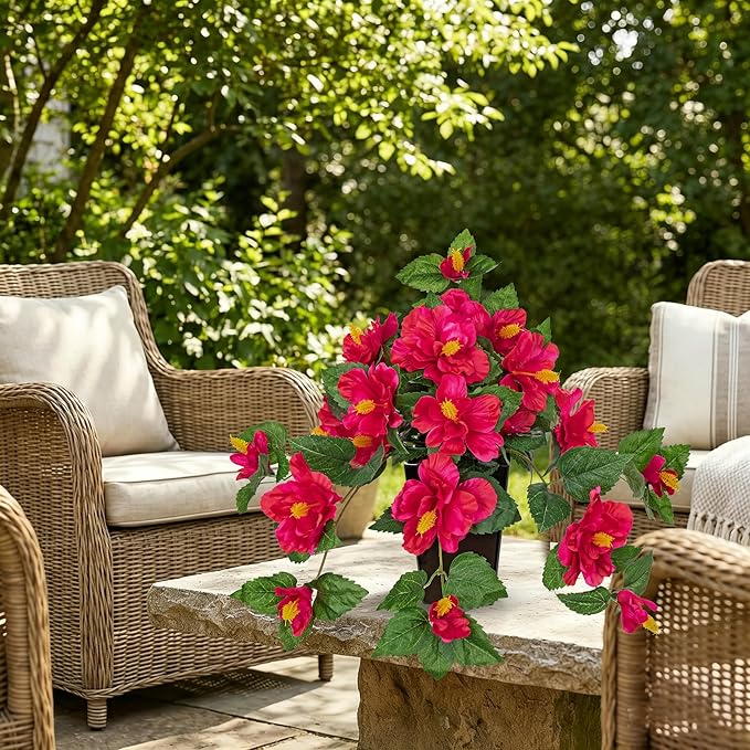 Briful Artificial Hanging Hibiscus Flowers Potted Plant – Faux Tropical Hibiscus with Silk Petals & Lush Leaves – Black Square Pot – Hot Pink Fake Flower for Indoor Outdoor Porch Patio Decor