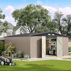 Aoxun 14x12 FT Large Outdoor Storage Shed, Galvanized Metal Shed with 2 Lockable Tall Doors & Sloped Roof, Heavy Duty Utility Tool Storage House for Patio, Garden, Backyard, Lawn (Brown)