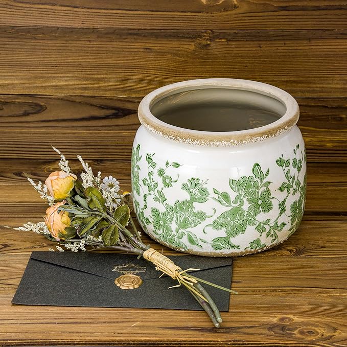 Dosayes Large Ceramic Pot for Planters, Ice Crack Glazed Flower Pot with Drainage Holes,5.91inch Vintage Planters for Indoor and Outdoor(Green)