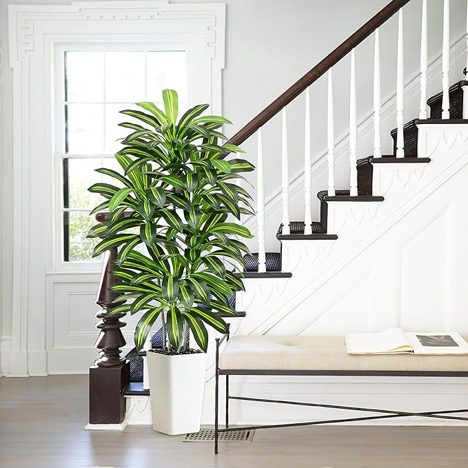 Artificial Dracaena Tree - 5FT Tall Fake Plants with White Tall Planter - Artificial Plants Indoor Floor Plant in Pot - Large Tropical Fake Yucca Potted Tree for Home Office Living Room Decor