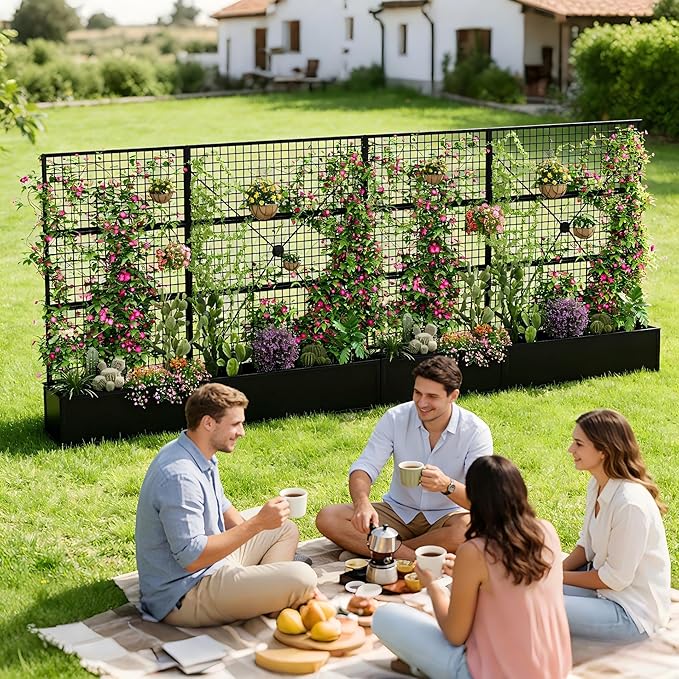 Privacy Planters for Patio – Metal Raised Garden Bed with Trellis and Privacy Screen, 71"×47.2"×16" Planter Box with Drainage Holes for Climbing Plants, Vegetables, and Vines, Outdoor Backyard Black