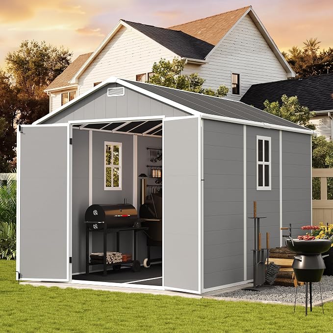 UDPATIO Storage Shed 8 x 10 FT, Resin Sheds & Outdoor Storage with Floor Large Clearance Outdoors Plastic Garden Tool Shed Tuff Outside Cottage Shed with Lockable Door for Bike, Garbage Gray White