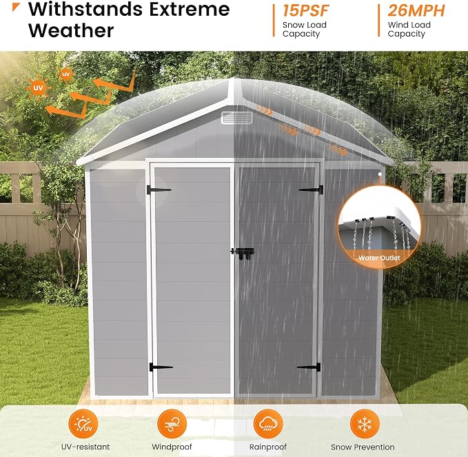 UDPATIO Storage Shed 8 x 10 FT, Resin Sheds & Outdoor Storage with Floor Large Clearance Outdoors Plastic Garden Tool Shed Tuff Outside Cottage Shed with Lockable Door for Bike, Garbage Gray White