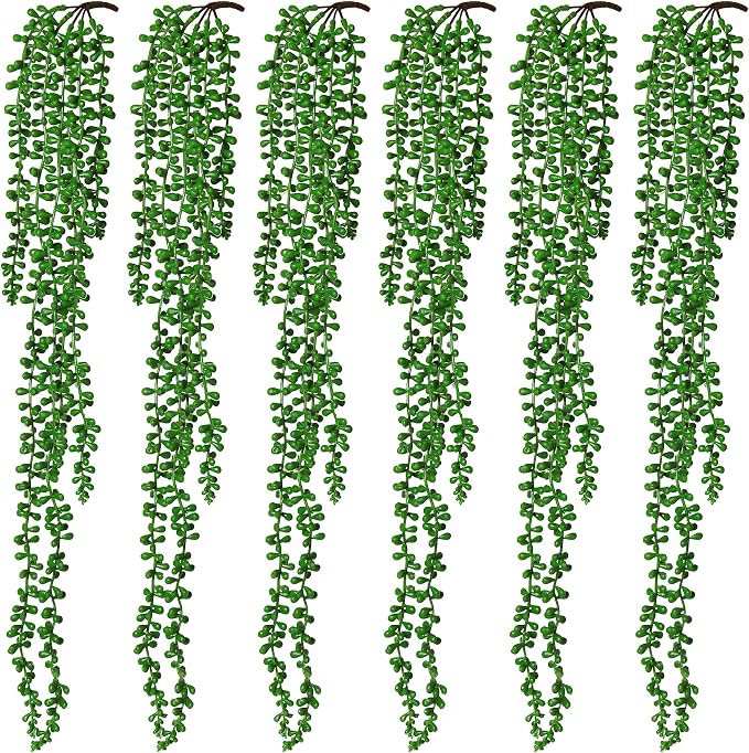 RECUTMS 6pcs Artificial Hanging Succulents Fake String of Pearls Plant Faux Greenery Wall Plants for Spring Summer Indoor Outdoor Home Bedroom Patio Garden Wedding Graduation Party Decor