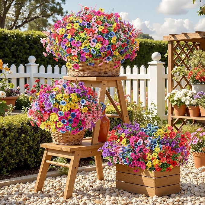SHareconn 24 Bundles Artificial Flowers for Outdoors Decoration, Faux Plants Fake Silk Colorful Daisy Eucalyptus Lavender, UV Resistant for Outside Home indoor Spring Decor,RedRosyPurpleBlueYellowPink