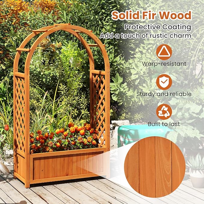 HAPPYGRILL Raised Garden Bed with Trellis, Wooden Elevated Planter Box w/Ached Roof & Detachable Bottom Panels, Liner, Drainage, Indoor Outdoor Wood Planter for Climbing Plants Vine Flower (1)