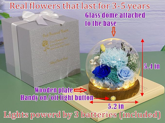 Valley of Rain & Forest Long-Lasting Real Flowers, Unique Floral Gift For You to Send Love for All Occasions, for Indoor Decoration (Light Blue Carnation, Blue Rose, Light Blue Rose)