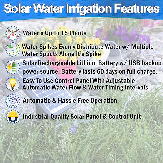 Solar Self Watering Plant Drip Irrigation System for 15 Plants Multiple Automatic Control Modes - Portable DIY Kit for Indoor/Outdoor Gardens, Patios, Balconies, and Vacation Plant Care