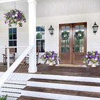 Artificial Hanging Fake Flowers with Basket Plants for Outdoor Decoration, Faux Silk Flower UV Resistant Morning Glory for Home Porch Patio Garden Balcony Yard Look Real (Purple White)