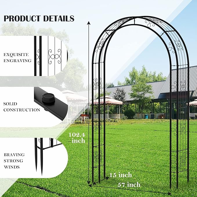 Arbuxzuy 102in Steel Garden Arch Arbor Trellis for Climbing Plants Outdoor,Yard,Wide Sturdy Durable Garden Arch for Lawn,8.5ft Climbing Plants Decorative Wire Lattice,Outdoor Wedding Arch(Black)