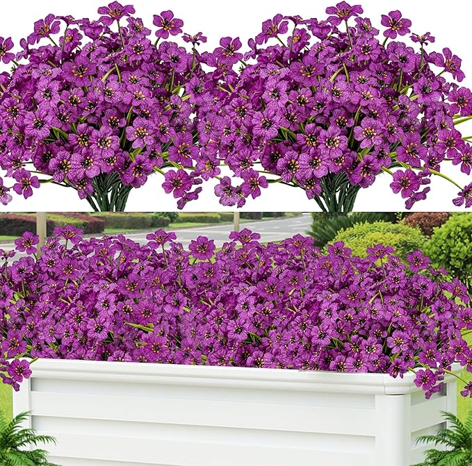 Lnoicy 24 Pcs Artificial Flowers for Outdoor,Plastic Flowers Decoration, UV Resistant Faux Flowers Shrubs, Artificial Plants for Indoor Outside Garden Home Wedding Farmhouse(Fuchsia)