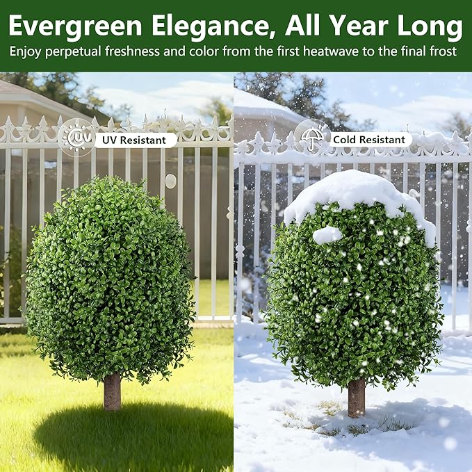 INSPRING 27'' Artificial Boxwood Topiary Trees Outdoor Fake Bushes Plants UV Resistant Evergreen Shrubs with Metal Ground Spike for Porch Patio Garden, 1 Pack