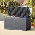 Greesum Outdoor Storage Box 100 Gallon Storage Bin with Lid for Patio Furniture, Garden Tools, Pool Supplies, Lockable, Waterproof and UV Resistant, Gray