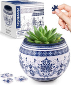 PieceRelax 3D Puzzle Planter - Classic Ornamental Style - Small Round Plant Pots with Drainage, for Mom, Home Decor Flower Pots for Indoor Cactus, Succulents Pots [K1103]