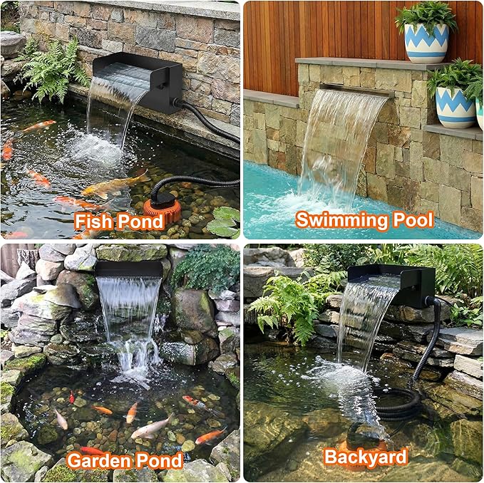 12-inch Pond Waterfall Spillway with LED Lights | Stainless Steel, 850GPH Submersible Pump, For Garden, Ponds, Backyard, Pool