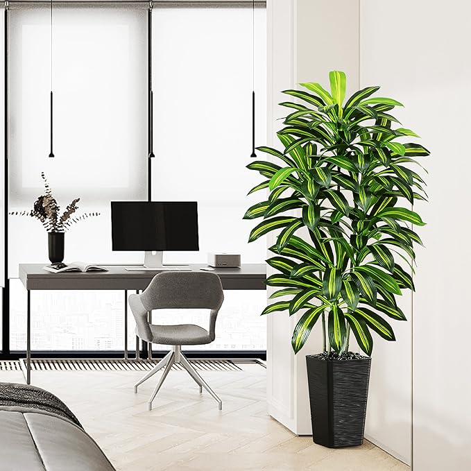 Artificial Dracaena Tree - 5FT Tall Fake Plants with Black Square Planter - Artificial Plants Indoor Floor Plant in Pot - Large Tropical Fake Yucca Potted Tree for Home Office Living Room Decor