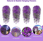 Artificial Hanging Flowers for Outdoors, 4 PCS 600 Blooms UV Resistant Morning Glory Faux Silk Vines, No-Odor Realistic Fake Plants for Garden Planter Porch Patio Decoration, Purple