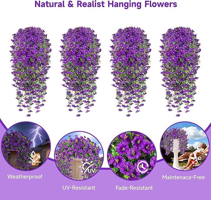 Artificial Hanging Flowers for Outdoors, 4 PCS 600 Blooms UV Resistant Morning Glory Faux Silk Vines, No-Odor Realistic Fake Plants for Garden Planter Porch Patio Decoration, Purple