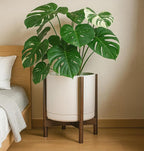 D'vine Dev Ceramic Planter with Walnut Color Stand - 14 Inch Modern Round Flower Pot with Wood Planter Holder, Oatmeal, 55-B-T-8