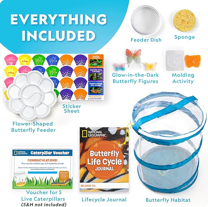 National Geographic Ultimate Butterfly Growing Kit – Butterfly Habitat Kit with Voucher to Redeem 5 Caterpillars (S&H Not Included), Glow-in-The-Dark Figures, Hands-On Activity, Outdoor Toys