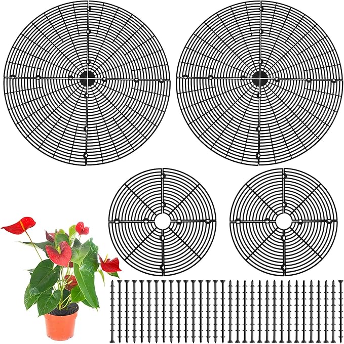 Newtay 4 Pcs Plant Pot Grid Soil Protector Covers Cuttable Flower Protector from Animals Cat Squirrel Digging Stopper Plant Pot Cover with Stake for Indoor Outdoor Gardening (20.5 +11.8 Inch,Black)