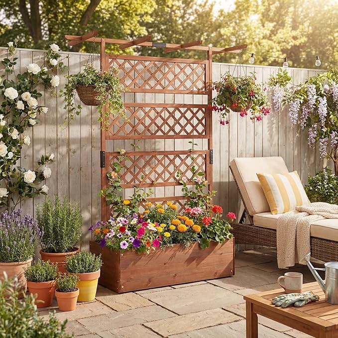 COSTWAY Wooden Raised Garden Planter with Trellis and Roof, 72" Freestanding Privacy Screen & Climbing Plant Support for Outdoor Patio, Balcony, Vegetable, Herb, and Flower Gardening (Brown,1)