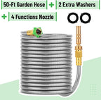 UNCO- Stainless Steel Metal Hose with 4 Function Brass Nozzle, 50 ft, No Kink, Metal Garden Hose